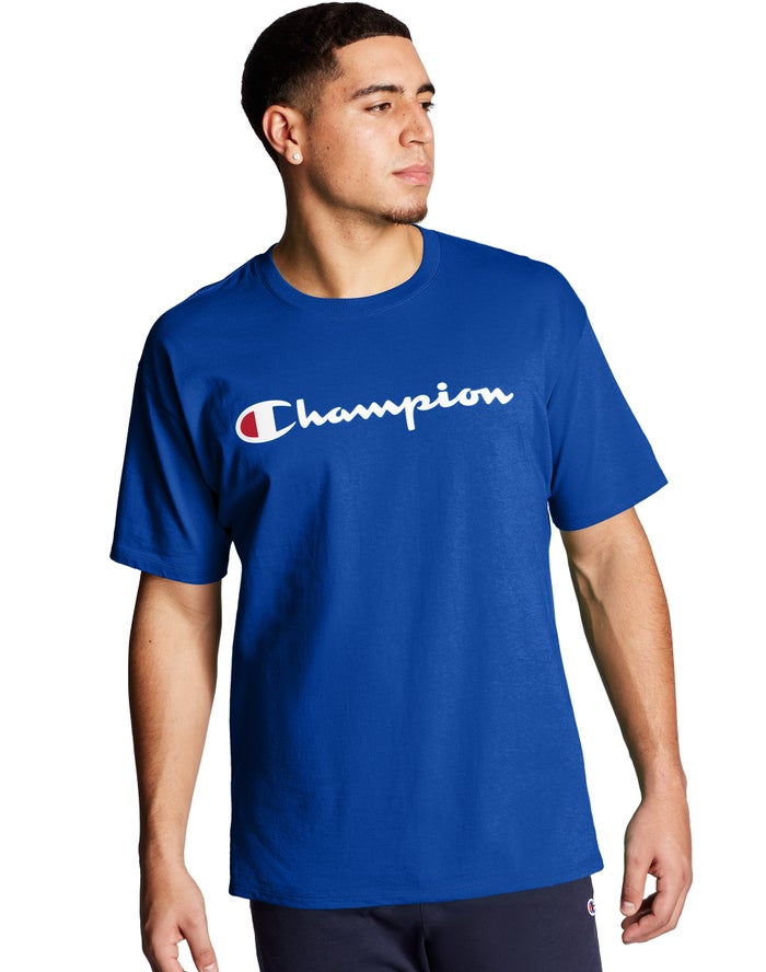 Champion Herre T-Shirts Blå - Classic Jersey Script Logo - Danmark UJM-074328